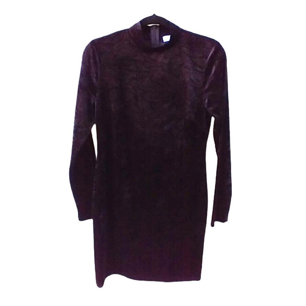 525 America Dress Black Crinkle Velvet Long Sleeves Hi Neck Medium